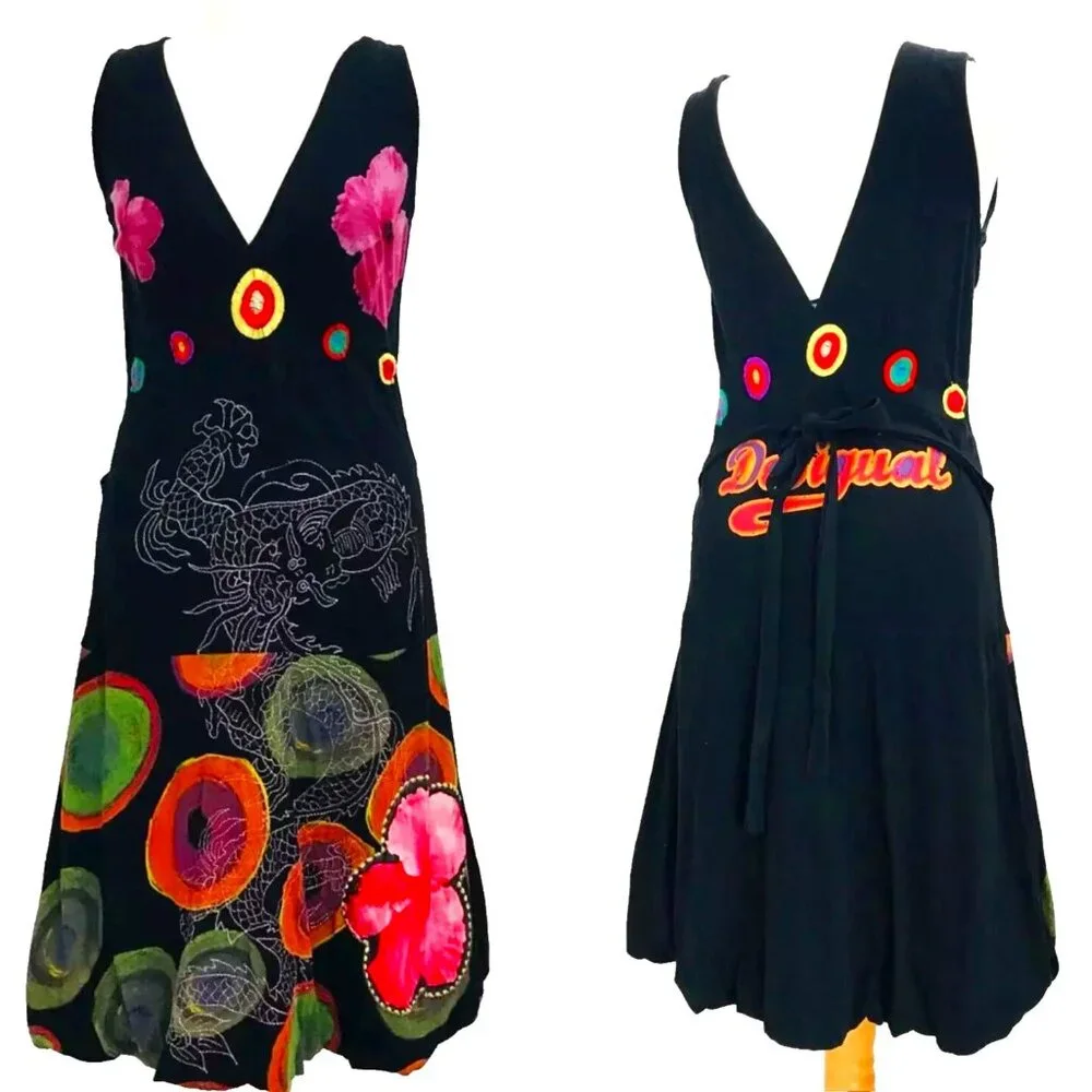 SOLD! DESIGUAL Swing Dress V-neck Floral Rio Flowers Dragons Print Embroidery M - Picture 1 of 13